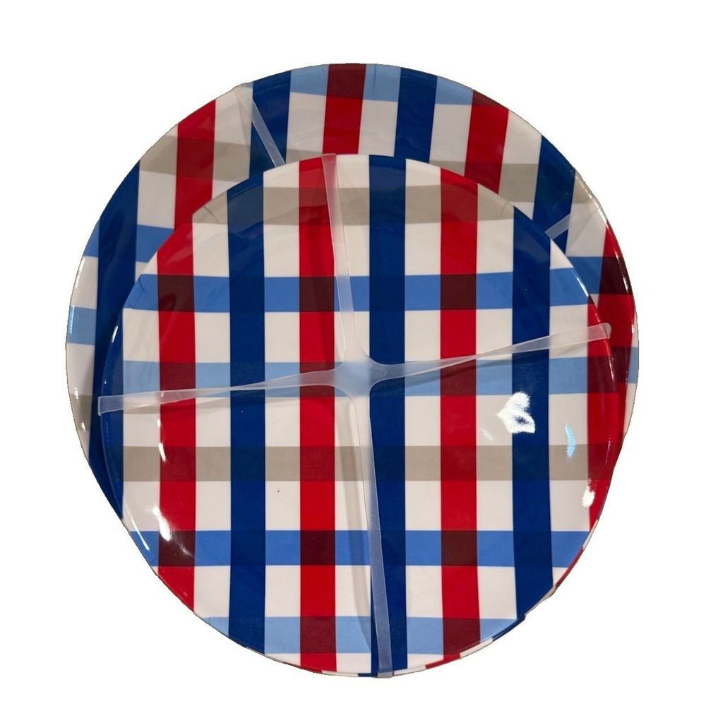 New‎ Plaid American Dinnerware Set 8 Pc Melamine Red White Blue July 4th